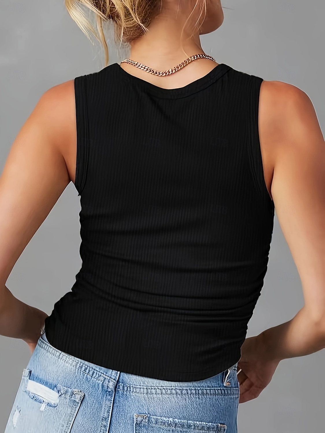 Femmes Hauts d'été Uni Élégant Sans manches Sans manches Col ras du cou Col en U Hauts courts Noir Été de 2025 ? $13.49 –P5