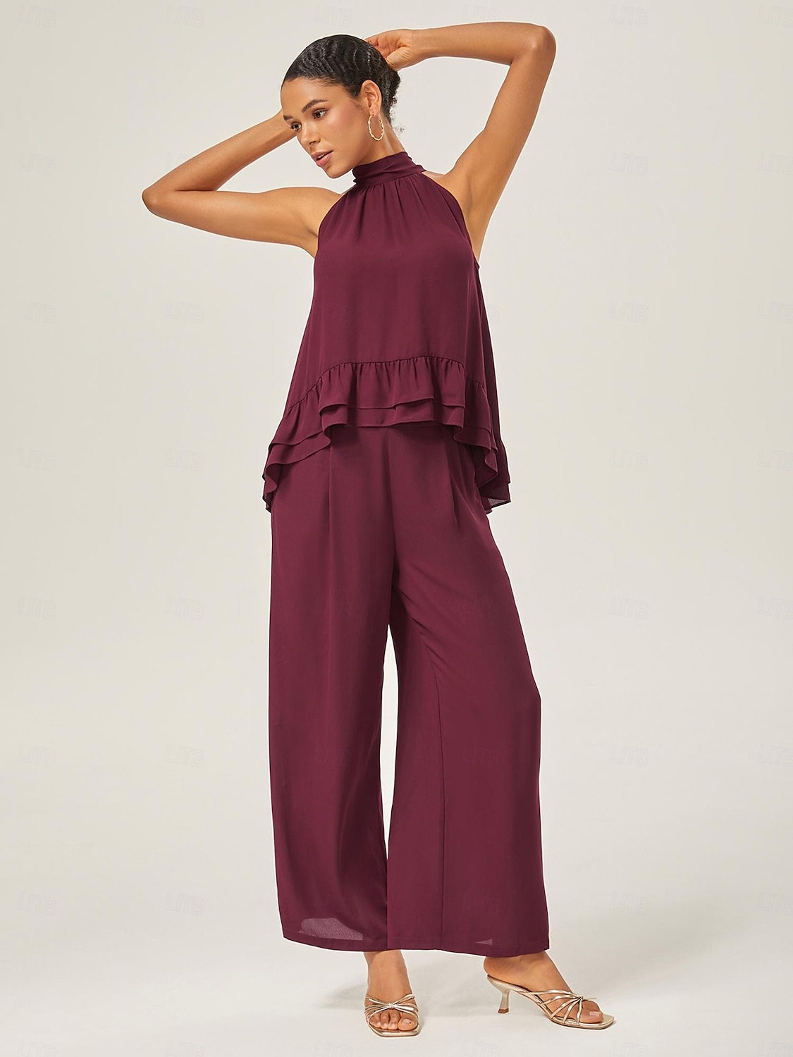 Per donna Da donna All'americana Tinta unita Borgogna Volant Senza Maniche Elegante Quotidiano All'americana Estate del 2025 a $52.99 –P10