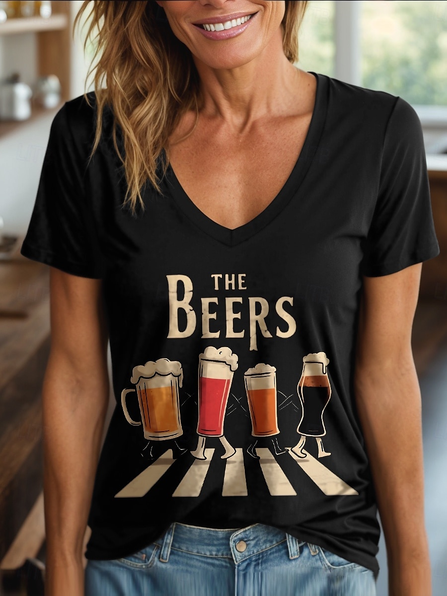 Oktoberfest Dame T skjorte Grafisk Bokstaver Årgang Stilfull Klassisk Kortermet V-hals Vanlige topper Daglig Trykt mønster Svart Hvit Rød Blå Lilla Sommer Vår 2025 - $19.99 –P1
