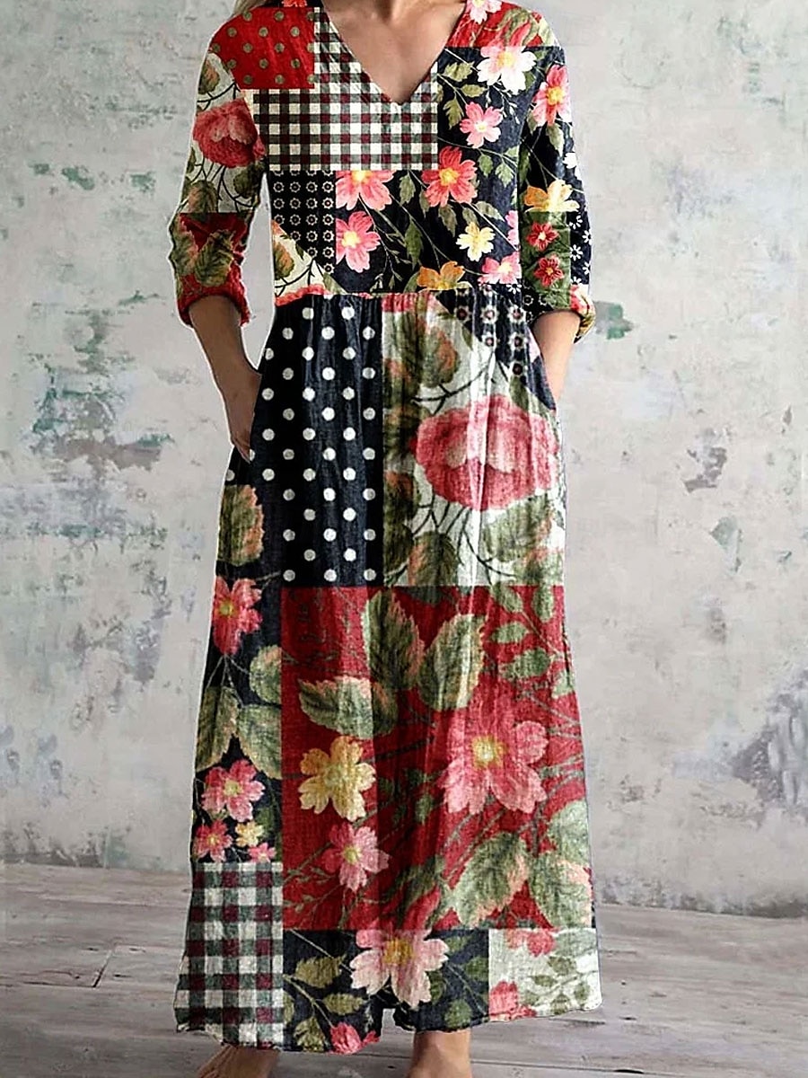 Women's Midi Dress A Line Dress Casual Outdoor Going out Loose Fit Floral Graphic 3/4 Length Sleeve V Neck Red Blue Purple Green Summer Spring Fall 2025 - $35.99 –P1