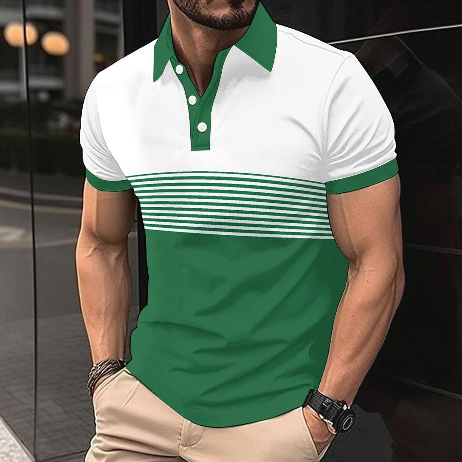 Herren Polo Polo mit Knopfleiste Lässig Sport Revers Kurzarm Mode Basic Streifen Knöpfe Sommer Frühling Blau Grün Polo 2025 - $17.99 –P6