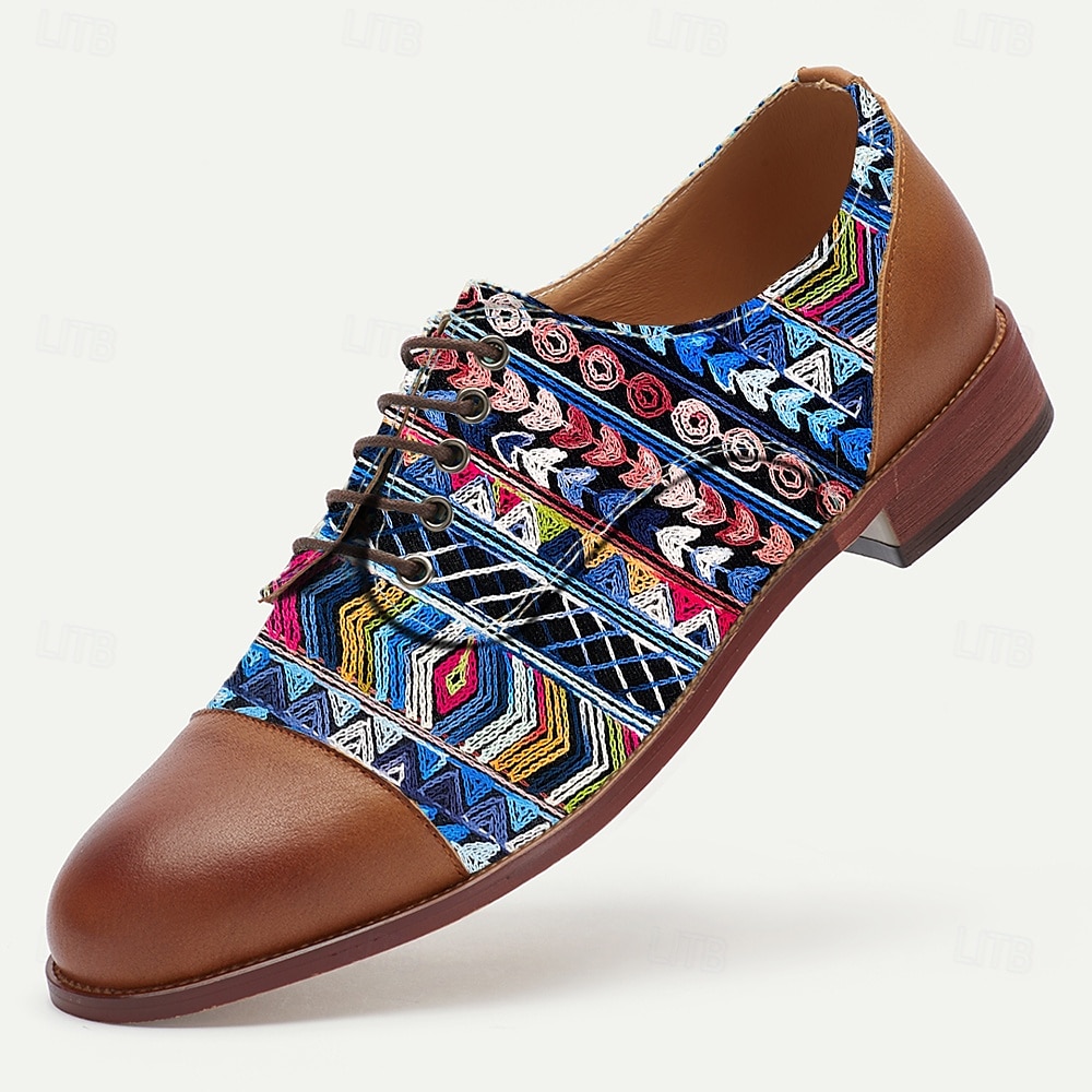 Men’s Tribal Geometric Jacquard Fabric Derby Shoes with Brown Faux Leather Details, Ethnic Style Lace-Ups for Cultural Events, Banquets and Fashion Shoots 2025 - $46.99 –P3