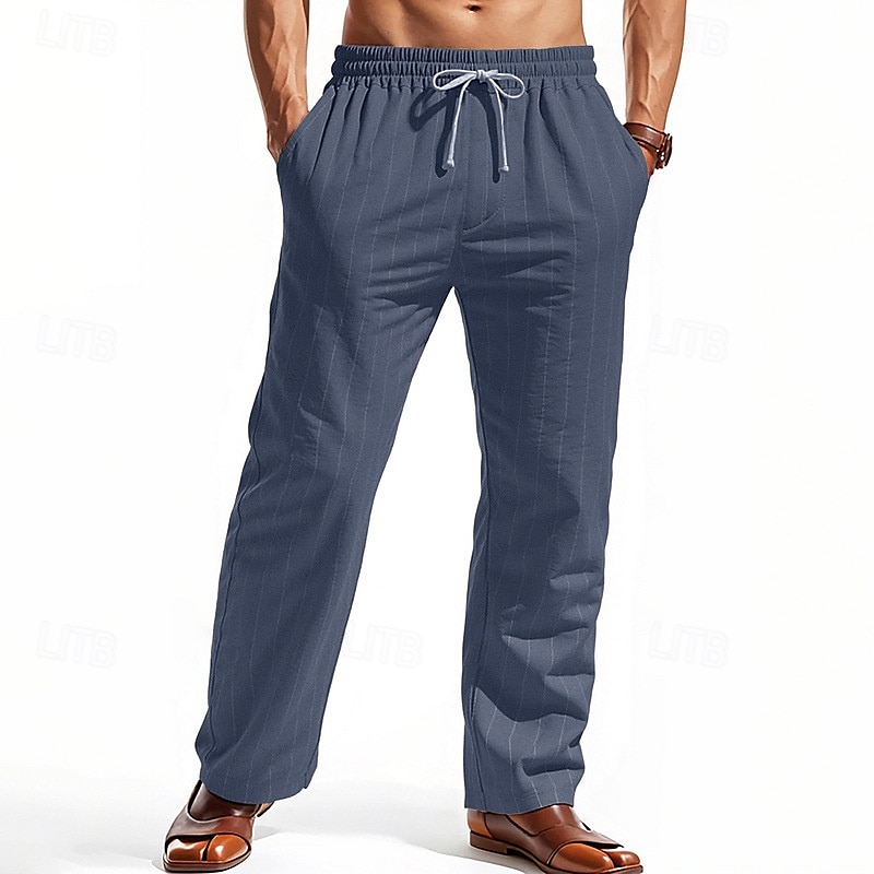 Men's Linen Pants Trousers Summer Pants Beach Pants Pocket Elastic Waist Drawstring Striped Comfort Breathable Vacation Daily Holiday Hawaiian Boho Black White 2025 - $21.99 –P9