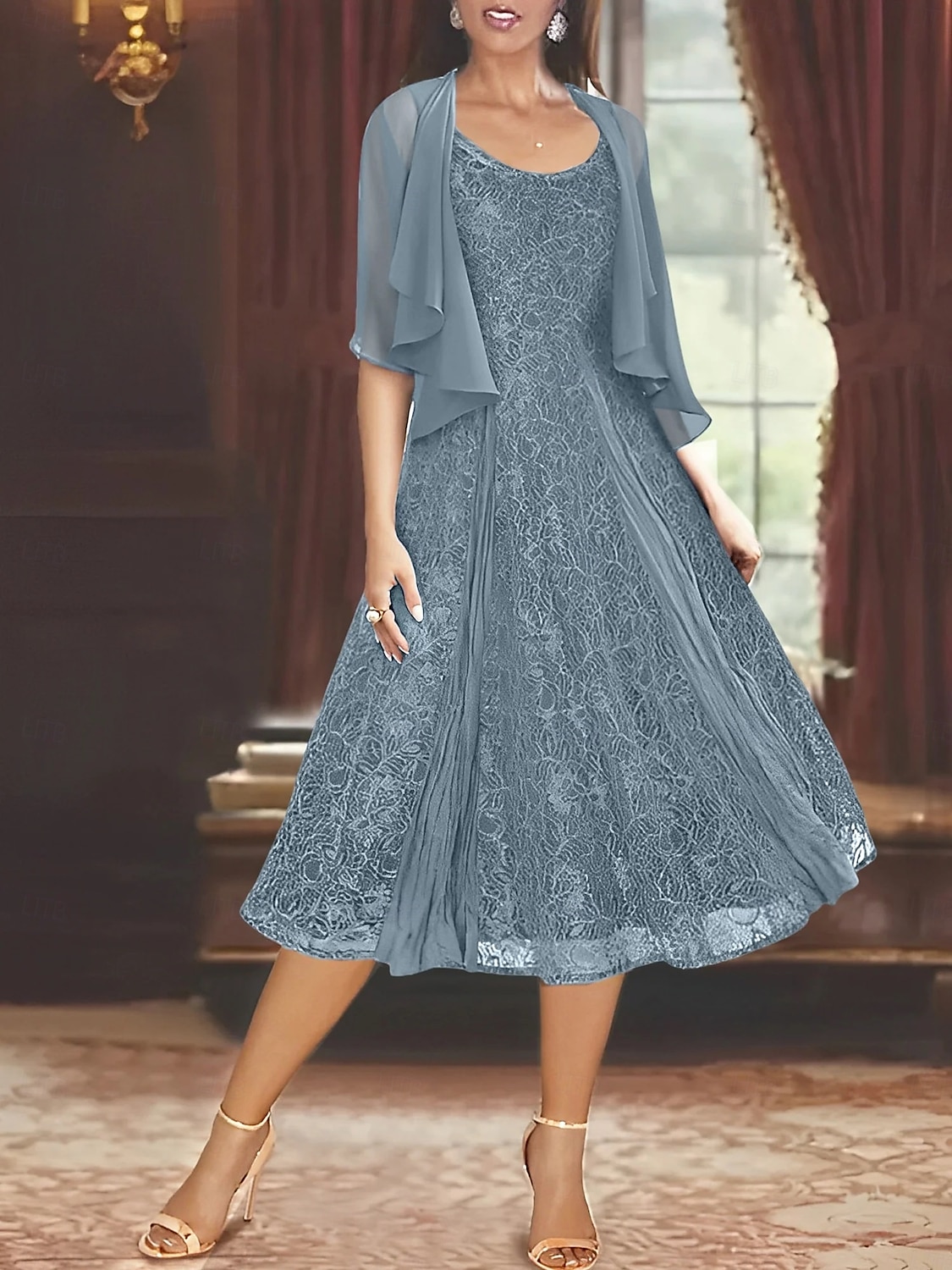 Zweiteiliges A-Linie Mutter der Braut Kleid Elegantes Einfaches Lässiges Bootsausschnitt Knöchellang Chiffon Lange Ärmel mit Spitzenrüschen 2025 - $129.99 –P5
