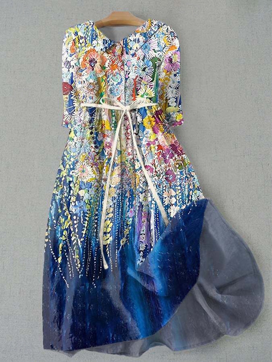 Női Midi ruha A vonalú ruha Fit and Flare ruha Alkalmi Napi Randi Normál Ombre Virágos Grafika Féhosszú Állógallér Királykék Égszínkék Lóhere Nyár Tavasz 2025 - $36.99 –P1