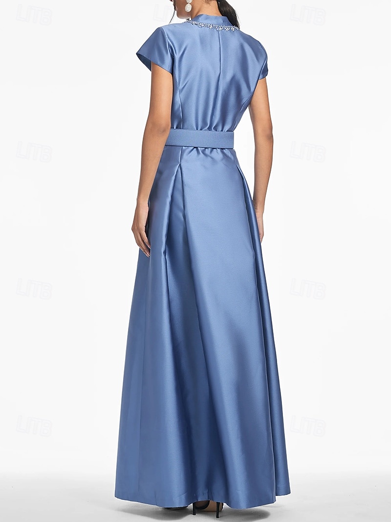 Abito da sera A-Line elegante abito formale per matrimonio lunghezza al pavimento maniche corte colletto camicia in satin con pieghe e cristalli tasche laterali del 2025 a $149.99 –P4