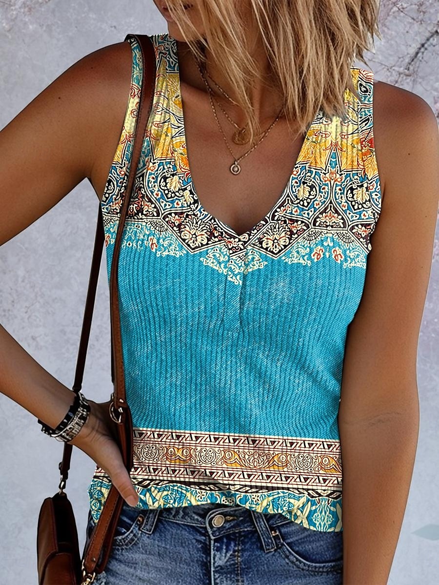 Dame Camisole Tank Top Grafisk Geometrisk Årgang Stilfull Etnisk Ermeløs V-hals Vanlige topper Daglig Trykt mønster Gul Blå Lilla Grønn Sommer Vår 2025 - $17.99 –P1