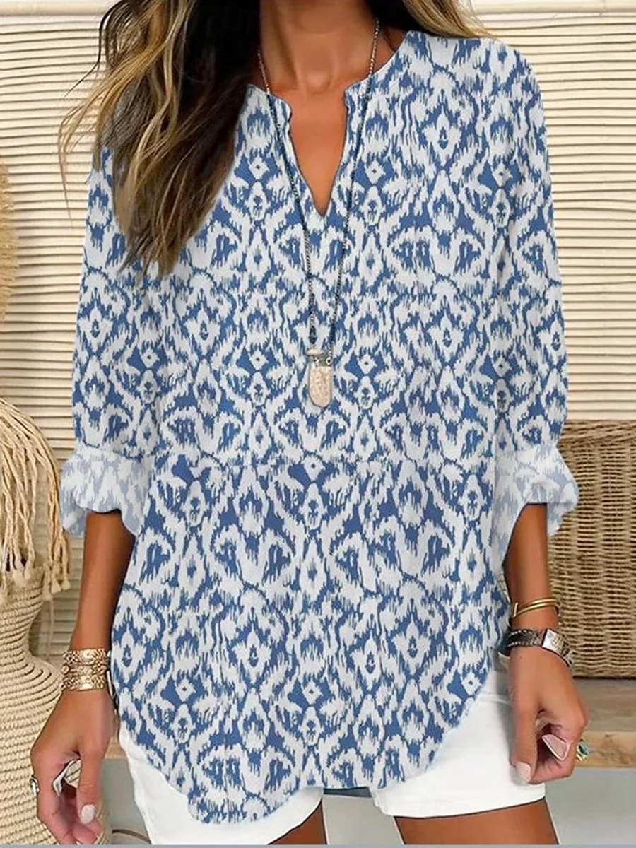 Femmes Chemise Fleuri Rayé Élégant Moderne manche longue Col en V Hauts Réguliers Quotidien Fête Boutons Imprimé Rose Claire Bleu Roi Bleu Gris Été de 2025 ? $13.49 –P1