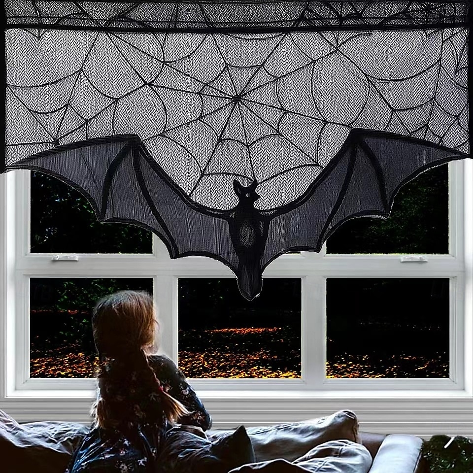 Cenefa de encaje de Halloween para cortina corta, adorno para ventana de cocina, color negro, decoración espeluznante, tela semitransparente para cortina, bolsillo para varilla de poliéster 2025 - $4.99 –P2