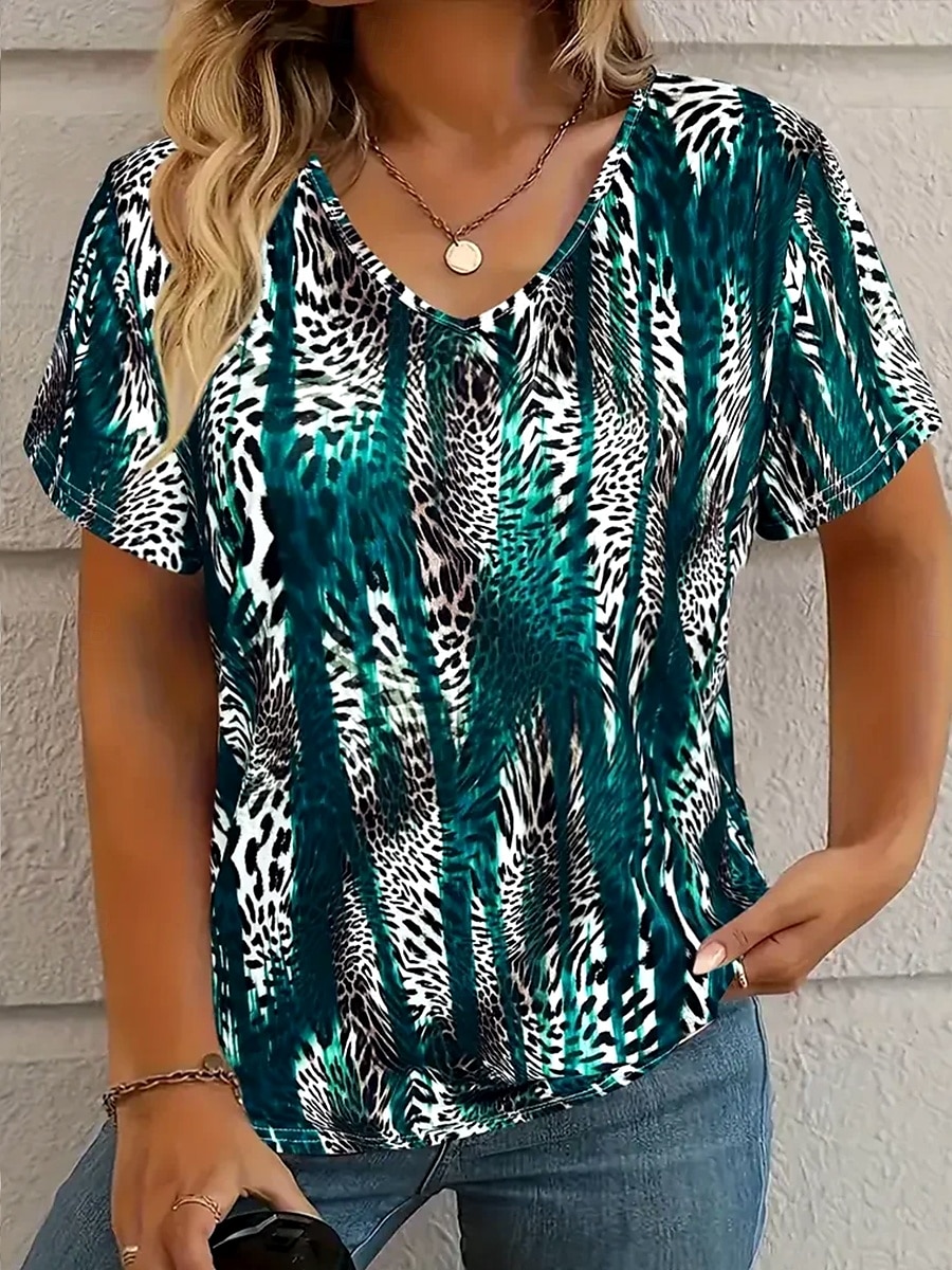 Femmes T-shirt Graphique Léopard Rayé ancien Élégant Western Manche Courte Col en V Hauts Réguliers Quotidien Sortir Week-end Imprimé Vert foncé Été Printemps Automne de 2025 ? $19.99 –P1
