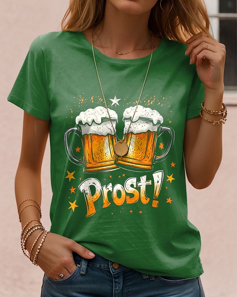 Fête d'Octobre Femmes T-shirt Graphique Lettre ancien Élégant Classique Manche Courte Col ras du cou Hauts Réguliers Quotidien Week-end Imprimé Noir Bleu Violet Vert Été Printemps de 2025 ? $19.99 –P4