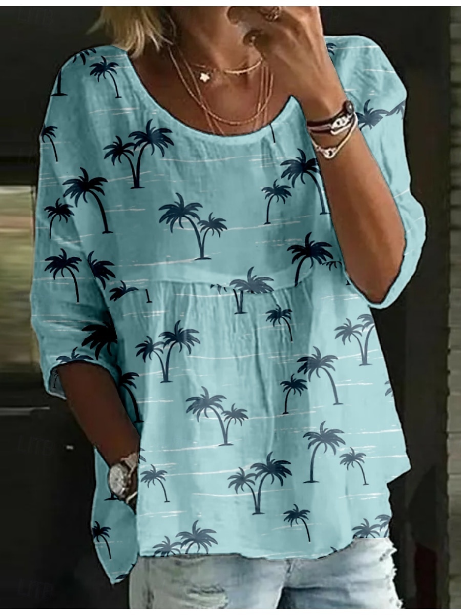 Dame Bluse Blomstret Stilfull 3/4 ermer Crew-hals Vanlige topper Daglig Ferie Trykt mønster Hvit Navyblå Blå Himmelblå Kakifarget Sommer 2025 - $16.99 –P6