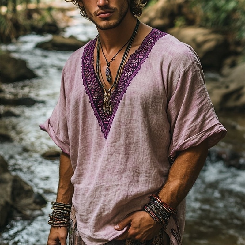 Herren Leinenhemd Sommerhemd Vintage-Shirt Kurzarmshirt Ethno-Hemd Patchwork Urlaub Straße Purpur Kurzarm V Ausschnitt Sommer Bekleidung Ethnisch & Religiös 2025 - $23.99 –P1