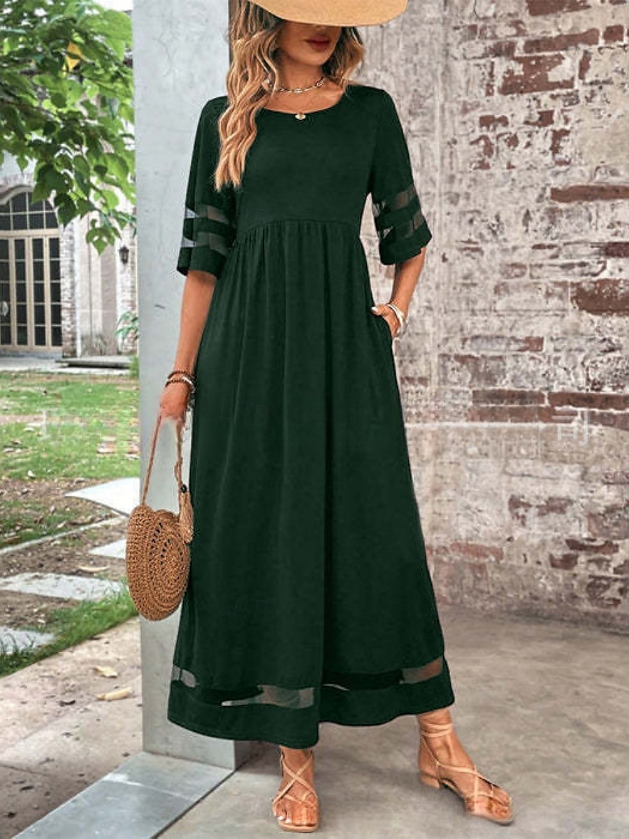 Femmes Robe maxi Robe trapèze Robe d'été Occasionnel Quotidien Coupe régulière Uni Demi Manches Col en V Noir Vin Vert Été de 2025 ? $36.99 –P5