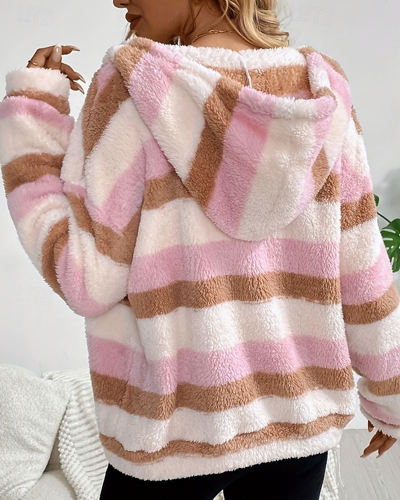 Dame Fleece-jakke Hold Varm Glidelås Lomme Fritid Stribe utendørs Ferie Ut på byen Glidelås Normal Med hette Normal Langermet Yttertøy Rosa Vinter 2025 - $33.99 –P5