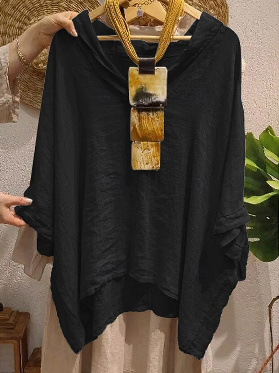 Femmes Chemises en coton et lin Couleur Unie Basique Occasionnel Manche 3/4 Col en V Hauts Longs Quotidien Noir Blanche Jaune Vert Véronèse bleu marine Été Printemps de 2025 ? $33.99 –P6