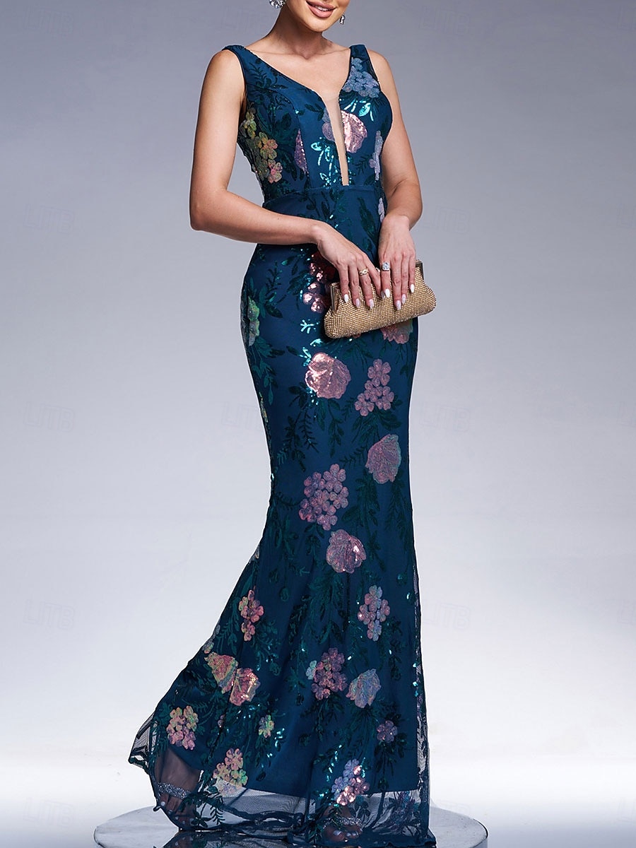 Mermaid / Trumpet Evening Gown Elegant Dress Formal Wedding Floor Length Sleeveless V Neck Lace with Sequin 2025 - $139.99 –P4