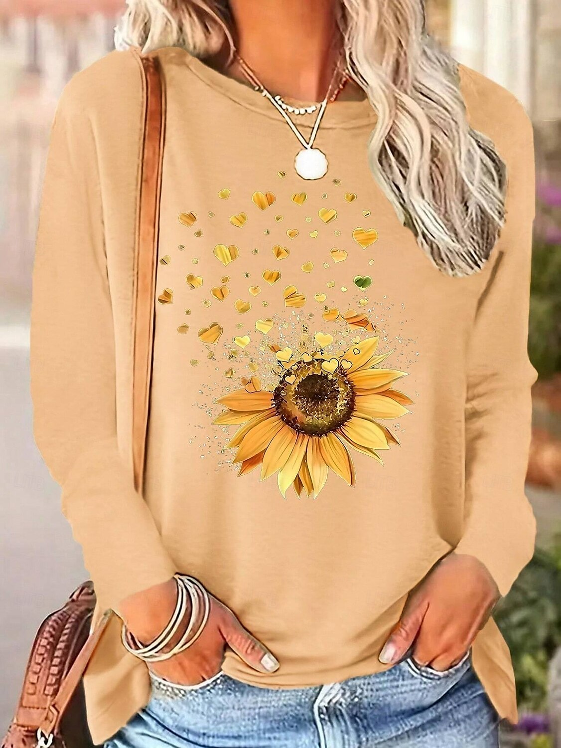 Dame T skjorte Blomstret Grafisk Årgang Stilfull Klassisk Langermet Crew-hals Rund hals Vanlige topper Daglig Helg Trykt mønster Svart Kakifarget Grå Sommer 2025 - $22.99 –P4