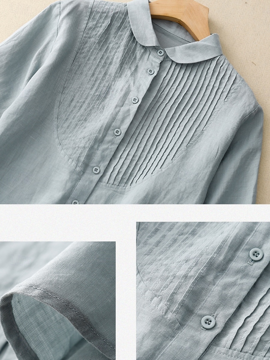 Per donna Camicie di cotone e lino Tinta unica Elegante Essenziale Casual Manica 3/4 Colletto a Camicia Top Regolari Quotidiano Bottoni Bianco Rosa Azzurro Estate del 2025 a $34.99 –P6
