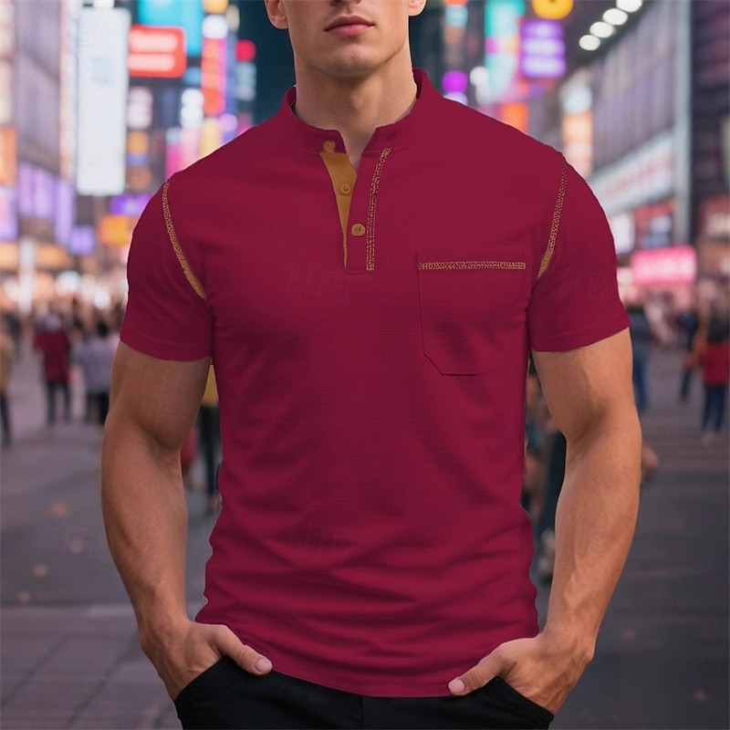 Per uomo Maglietta Maglia Henley Camicia a Maniche Corte Manica Corta Henley Estate Blocco di colori Moda Designer Essenziale Patchwork Tasca Vacanza Streetwear Uscire Vinaccia Nero Bianco Maglietta del 2025 a $15.99 –P14