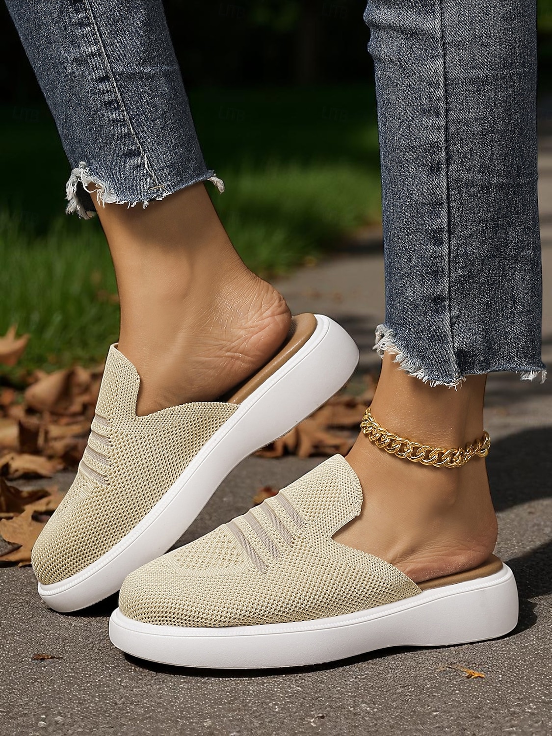 Women's Beige Flyknit Slip-On Mules– Lightweight Breathable Walking Shoes for Park Strolls, Travel & Autumn Errands 2025 - $24.99 –P5
