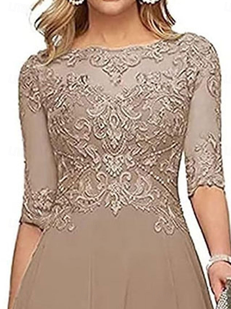 A-Line Mother of the Bride Dress Elegant Crew Neck Floor Length Chiffon Half Sleeve with Solid Color 2025 2025 - $119.99 –P3