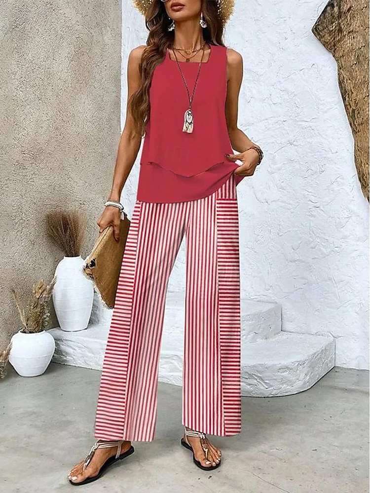 Damskie Moda Moda miejska Codzienny Zestawy spodni Bez rękawów Kwadratowy dekolt Jednokolorowe Kwiaty Nadruk Urlop Codzienny Czerwony Niebieski Brązowy Lato Regularny 2025 - $39.99 –P3