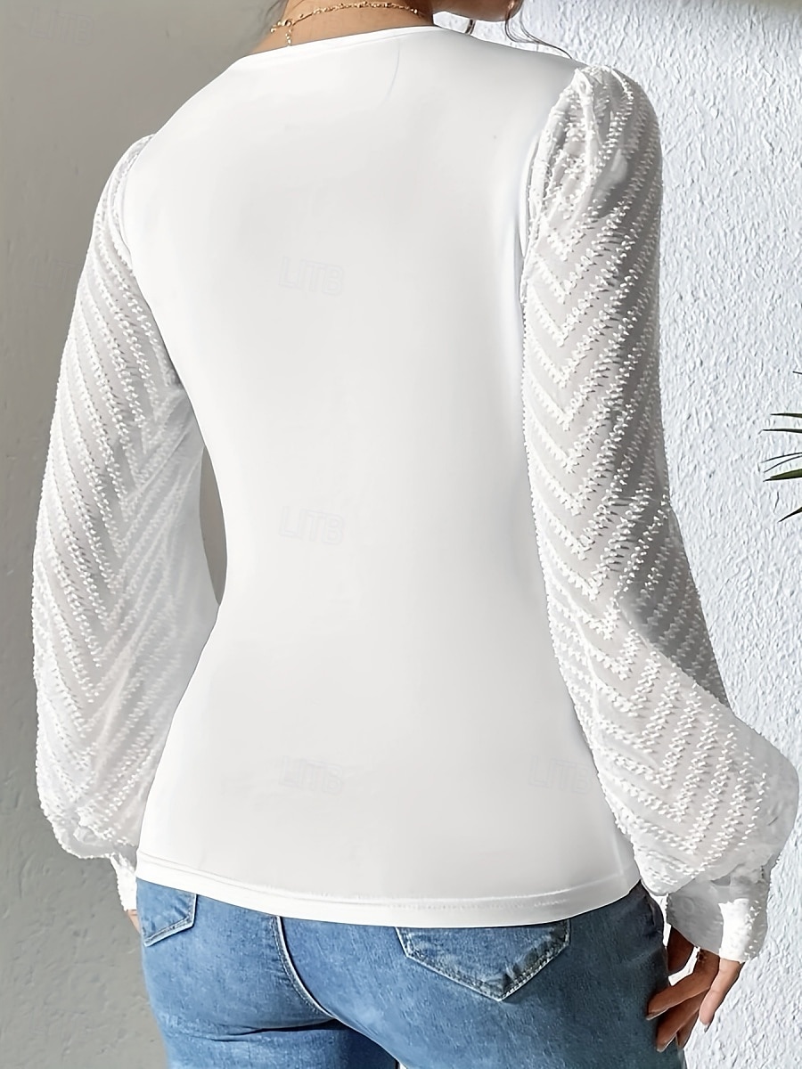 Dame Skjorte Helfarge Stilfull Fritid Langermet V-hals Vanlige topper Daglig Netting Lapper Svart Hvit Navyblå Sommer Vår 2025 - $22.99 –P5