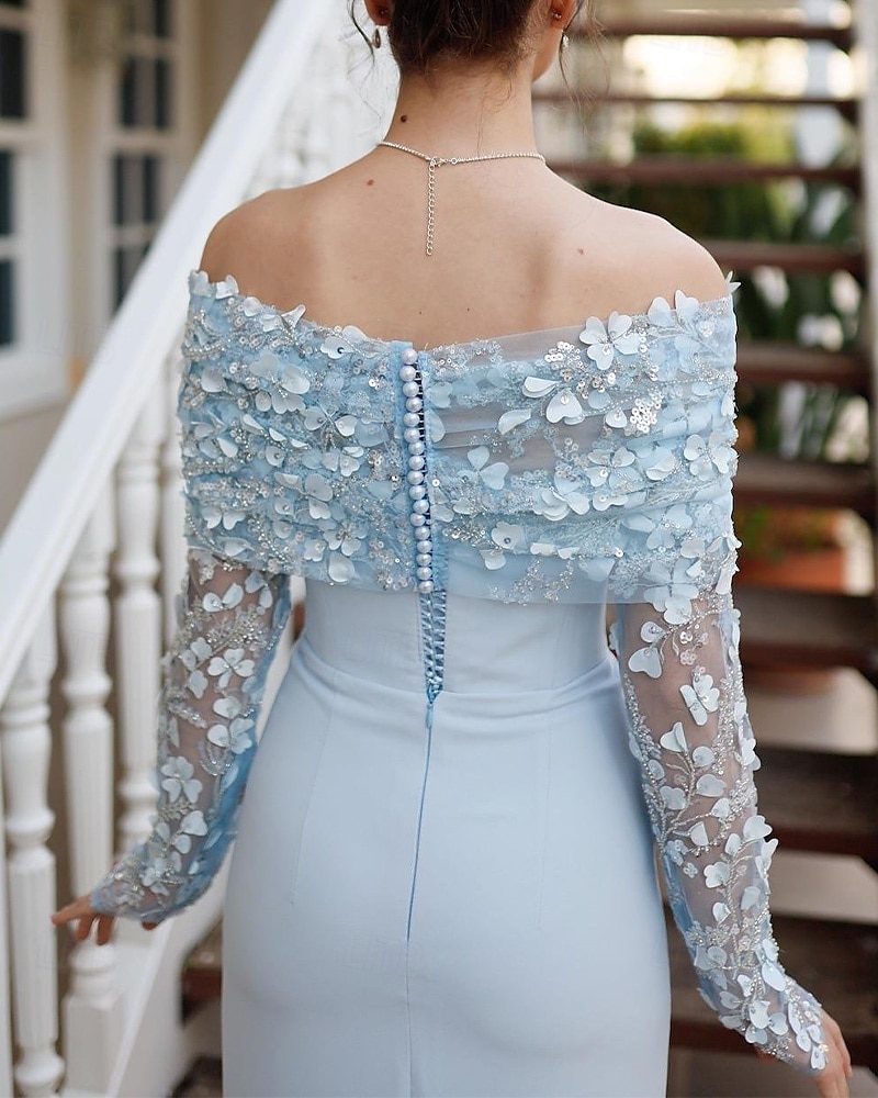 Vestidos Cóctel Azul Corte  Columna Capa Desmontable Crepé Elástico Vestido Elegante Formal Boda Largo de Té Sin Mangas Fuera de los Hombros con Encaje de Perlas Florales 2025 - $145.99 –P4