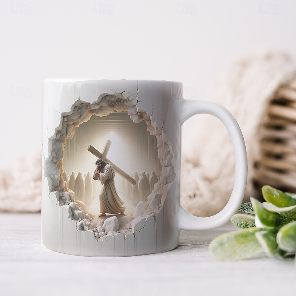 Jezus 3D ceramiczny kubek do kawy 330 ml/12 uncji, chrześcijański kubek prezentowy z krzyżem niosącym ucznia, religijny biały ceramiczny kubek do modlitwy, kościoła, wielkanocy, wiary wystrój domu 2025 - $15.49 –P6