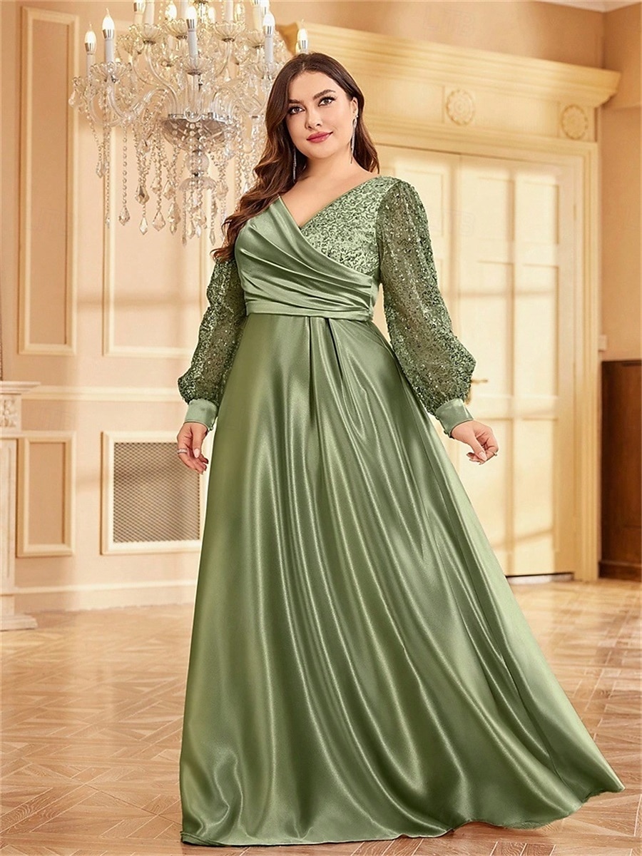 Robe A-Line Grande Taille Élégante Robe Courbe De Mariage Formelle Longue Au Sol Manches Longues Col en V En Polyester Avec Plis 2025 de 2025 ? $119.99 –P2