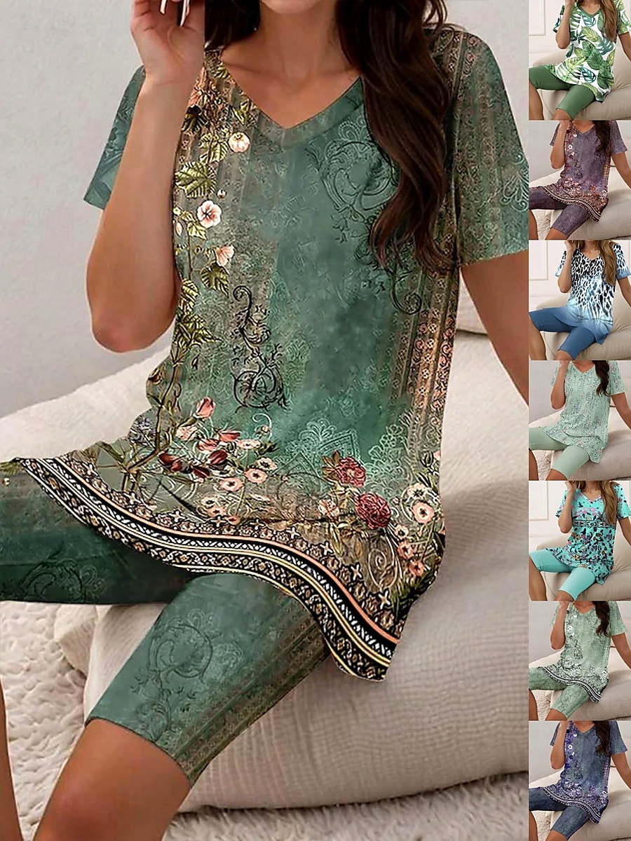 Pentru femei Vacanță Epocă Modă Tricou Seturi de pantaloni scurți Manșon scurt În V Floral Grafic Imprimeu Casul / Zilnic Verde Deschis Mov Strugure Albastru Marin Închis Vară Fit regulat 2025 - $29.99 –P1