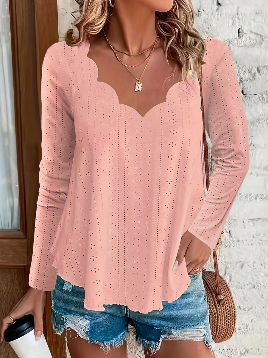 Women's Blouse Solid Color Basic Casual Long Sleeve V Neck Regular Tops Daily Eyelet Black White Pink Khaki Summer 2025 - $17.99 –P9