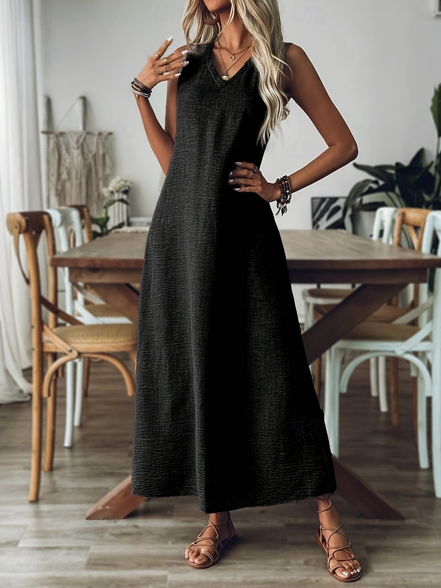 Femmes Robe maxi Robe trapèze Robe d'été Occasionnel Quotidien Coupe Ample Uni Sans manches Col en V Noir Rouge Bleu Abricot Été de 2025 ? $24.99 –P5