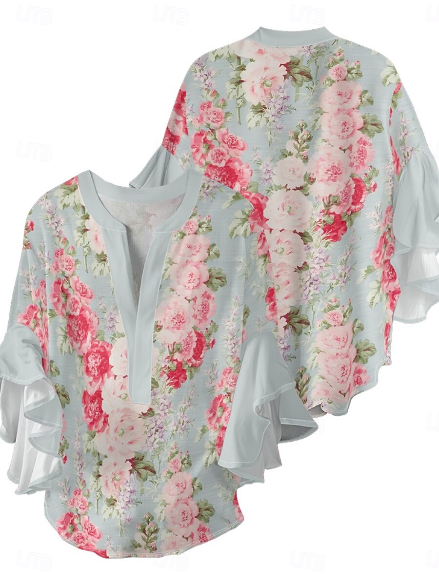 Γυναικεία Μπλούζα Φλοράλ Στυλάτο Μοντέρνα 3/4 Μήκος Μανικιού Λαιμόκοψη V Κανονικά μπλουζάκια Καθημερινά Αργίες Με Βολάν Στάμπα Μαύρο Θαλασσί Πράσινο του τριφυλλιού Σομόν Καλοκαίρι 2025 - $26.99 –P7