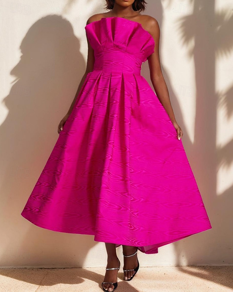 Moire A-Lijn Cocktaillabel Elegant Jurk Formele Semi Formele Bruiloft Tea Lengte Midi Lengte Mouwloos Strapless Satin Ruffles met Zakjes 2025 - $149.99 –P1