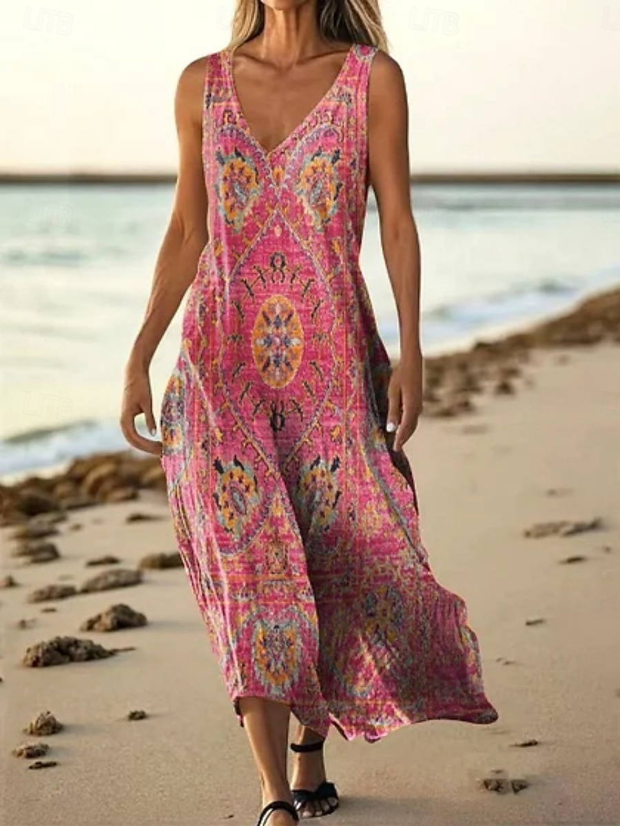 Damen Langes Kleid Maxikleid Freizeitkleid Trägerkleid Sommerkleid afrikanisch Täglich Ferien Strand Normale Passform Blumen Ärmellos V Ausschnitt Rosa Rote Marineblau Purpur Sommer 2025 - $20.99 –P5