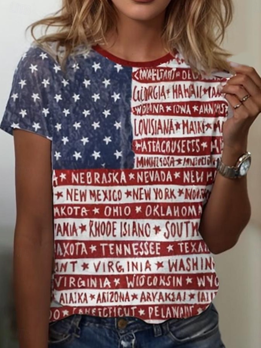Camiseta patriótica de mujer del Día de la Independencia gráfica bandera vintage elegante clásica de manga corta cuello redondo tops regulares diaria fin de semana estampado negro blanco rojo azul 2026 - $22.99 –P3