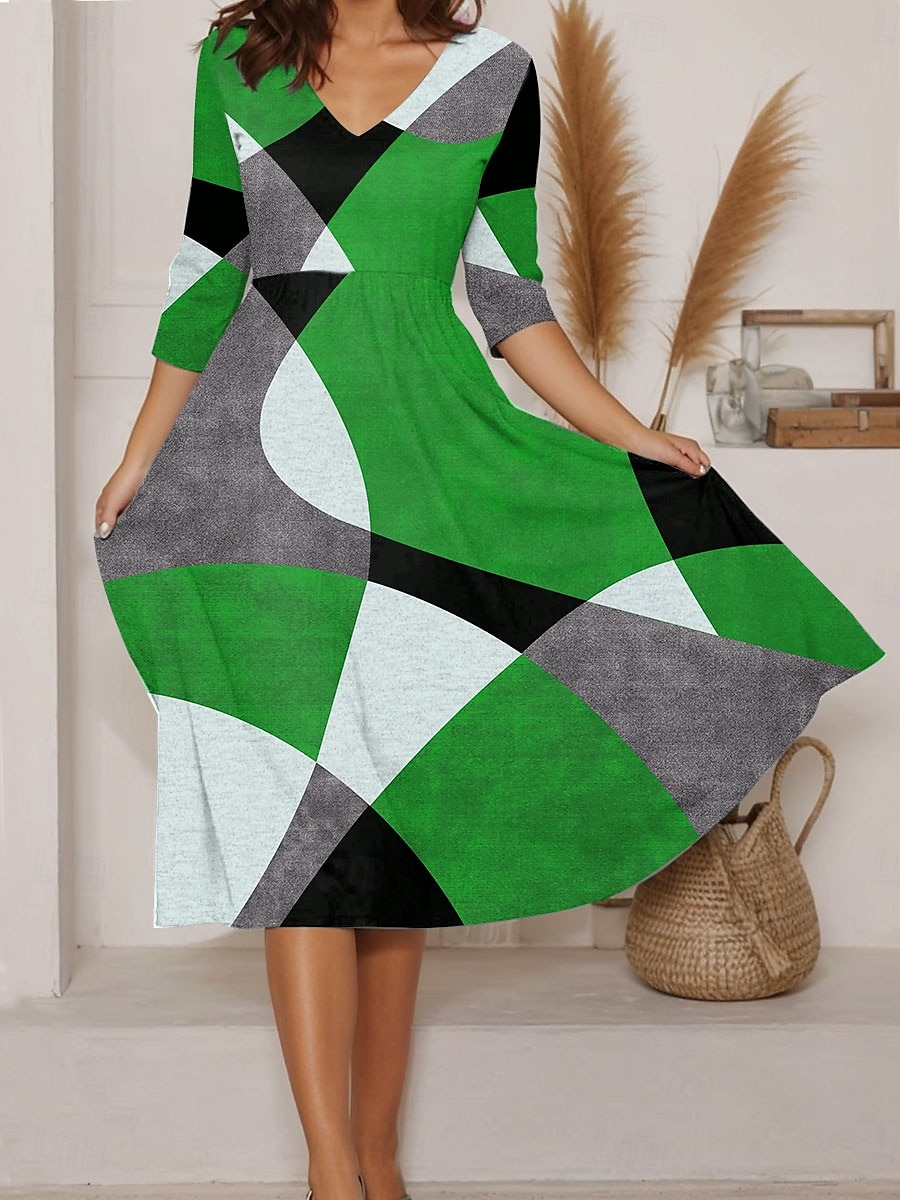 Femmes Robe Midi Robe trapèze Vacances Occasionnel Sortir Coupe régulière Graphique Géométrique manche longue Col en V Rouge Bleu Violet Vert Été de 2025 ? $38.99 –P3