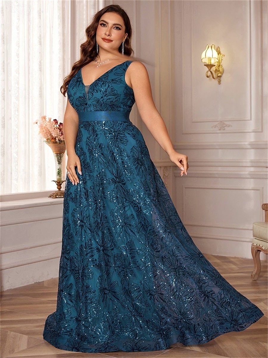 A-Linie Plus Size Kleider Elegantes Kurvenkleid Formelles Hochzeitskleid Bodenlang Ärmellos V-Ausschnitt Spitze mit Pailletten 2025 2025 - $109.99 –P8