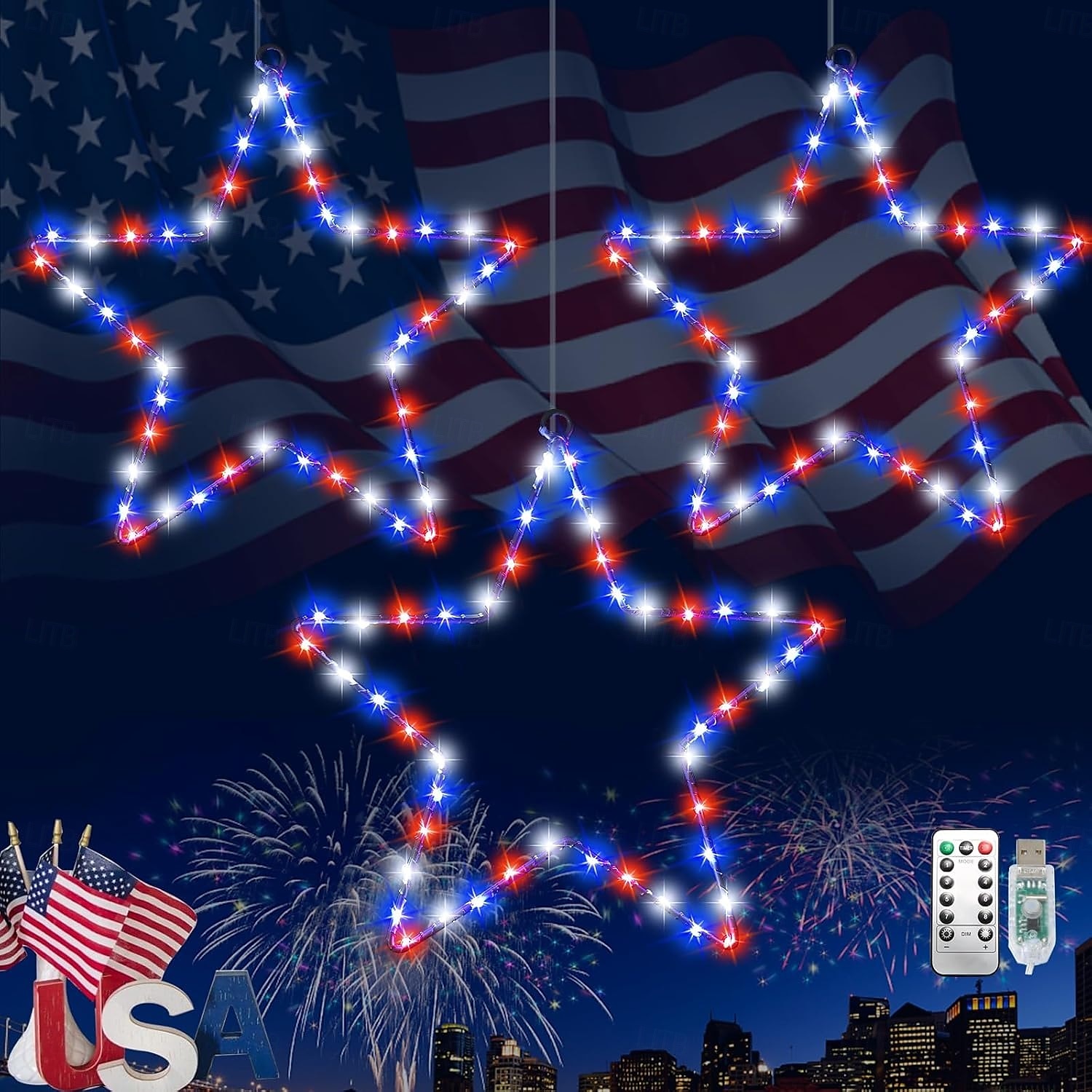 1 stk patriotiske hengende lys smijern rød hvit blå femtakket stjerne 4. juli uavhengighetsdag 250-årsjubileum minnedag gårdsplass balkong veranda fest 2026 - $12.99 –P3