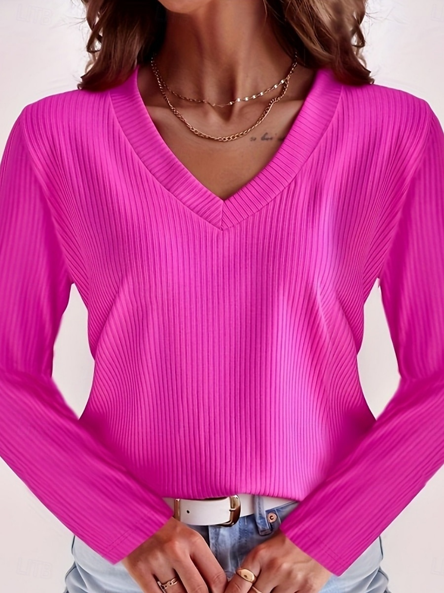 Dames Blouse Effen Kleur Basic Casual Lange mouw V-hals Normale tops Dagelijks blauw Fuchsia Licht Blauw Zomer Lente 2025 - $18.99 –P5