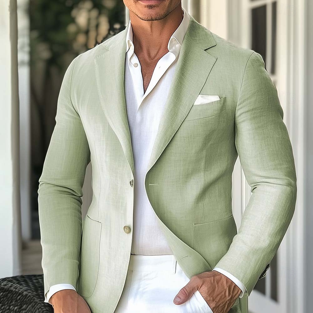 Homme Blazer en lin Manteau de sport Léger Occasionnel Couleur Unie Blazer Vert Sauge Coupe Standard à boutonnage simple à 2 boutons de 2025 ? $79.99 –P1