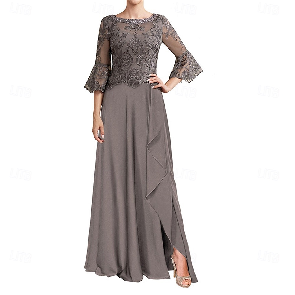 A-Line Mother of the Bride Dress Elegant Crew Neck Floor Length Chiffon Long Sleeve with Solid Color 2025 - $119.99 –P1
