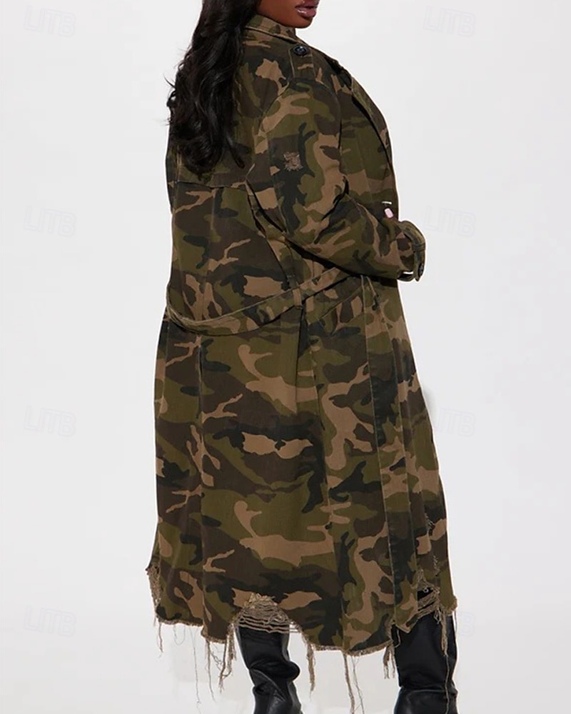 Damen Trenchcoat Bequem Knöpfe Tasche Modern Streetstyle Tarnung Outdoor Ausgehen Einreihig Lang Umlegekragen Normale Passform Langarm Oberbekleidung Hellgrün Dunkelgrün Herbst Winter 2025 - $46.99 –P4