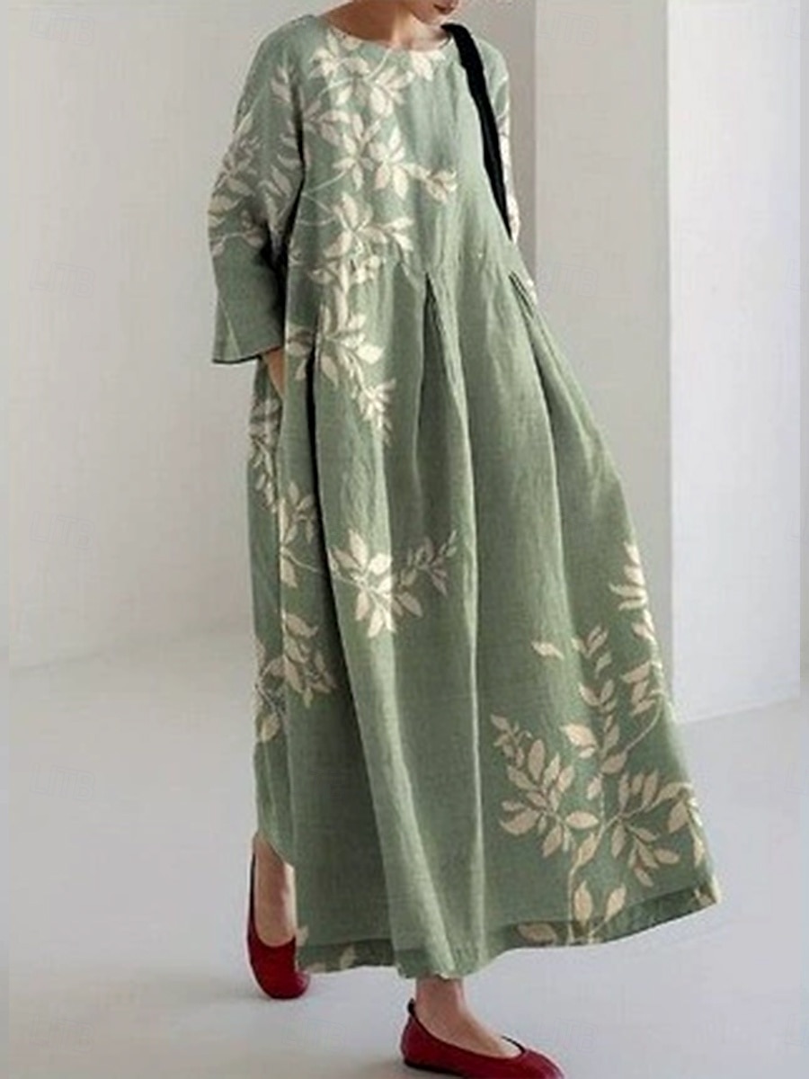Damen Midikleid Sommerkleid A Linie Kleid Urlaub Lässig Strand Ferien Lässiger Schnitt Blumen Grafik Langarm Rundhalsausschnitt U-Boot-Ausschnitt Hellgrün Khaki Grau Sommer Frühling 2025 - $26.99 –P2
