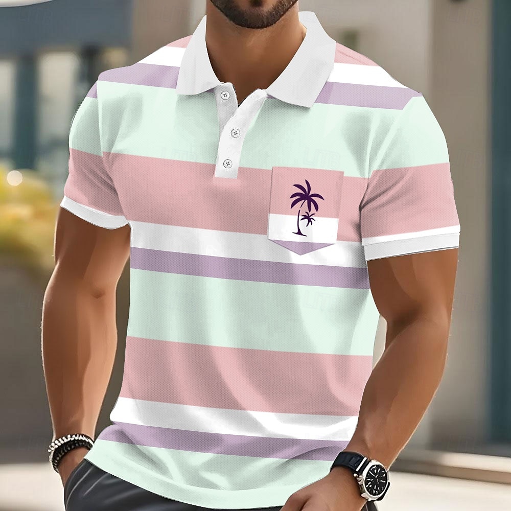 Herren Horizontale Streifen Palme Polo Kurzarm Polo-Shirts Hemden mit Kragen Lässig Resort Athleisure Alltagskleidung Urlaubskleidung Tasche 3D-Druck Knöpfe Sommer Gelb Rosa Blau 2025 - $20.99 –P4