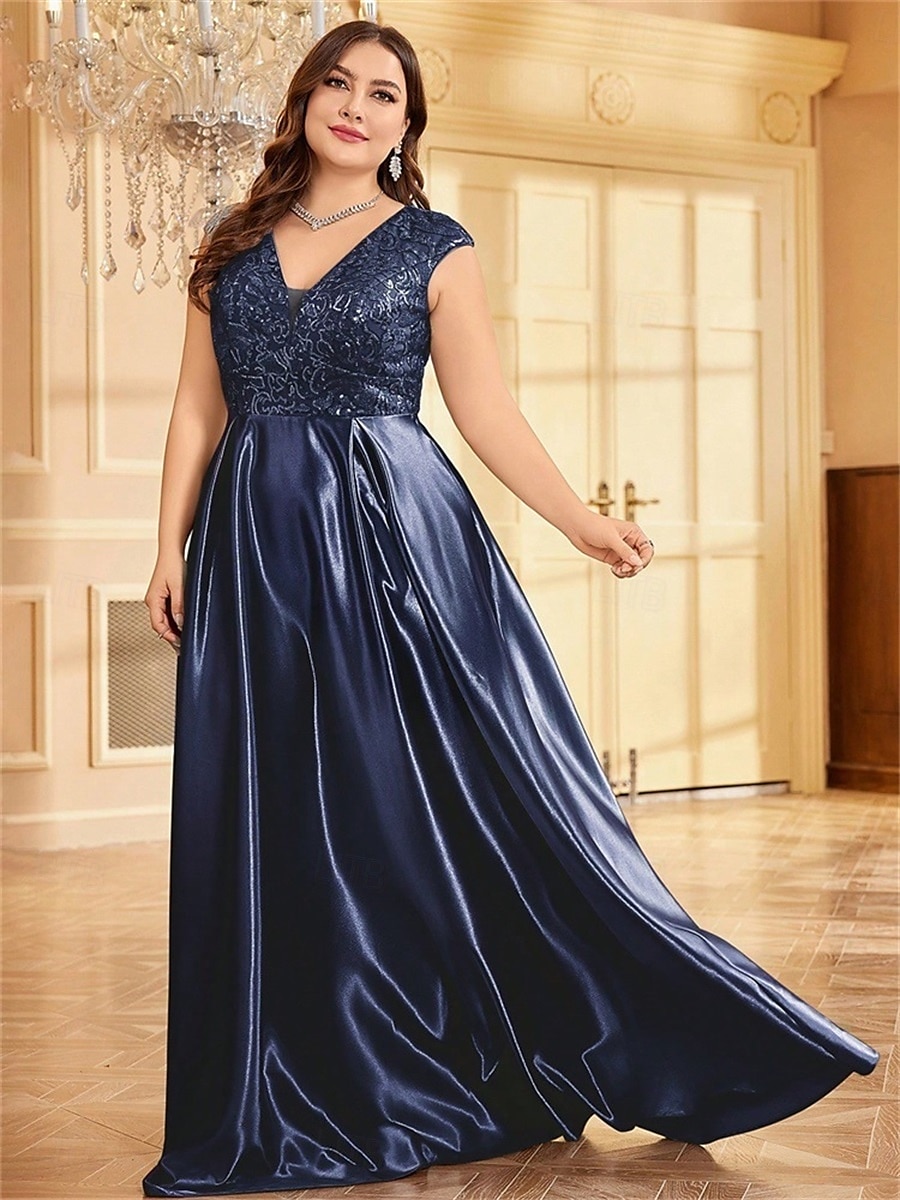 Robe A-Line Grande Taille Élégante Robe Courbe De Mariage Formelle Longue Au Sol Manches Courtes Col en V Satin Dos Nu Avec Plis 2025 de 2025 ? $119.99 –P19
