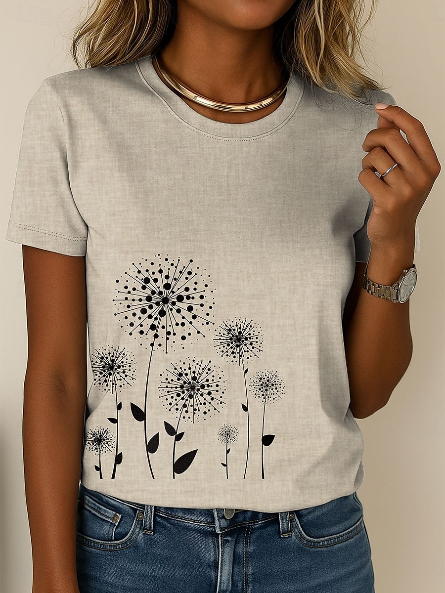 Femmes T-shirt Fleuri Graphique Plantes Occasionnel Manche Courte Col rond Hauts Réguliers Quotidien Sortir Week-end Imprimé Bleu Violet Vert Kaki Été de 2025 ? $19.99 –P1