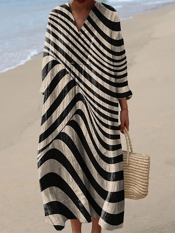 Dame Midikjole Solkjole Kjole med A-linje Ferie Fritid Bohem Ut på byen Strand Løstsittende Grafisk Geometrisk Stripe Langermet V-hals Aske Svart Gul Blå Sommer Vår 2025 - $35.99 –P5